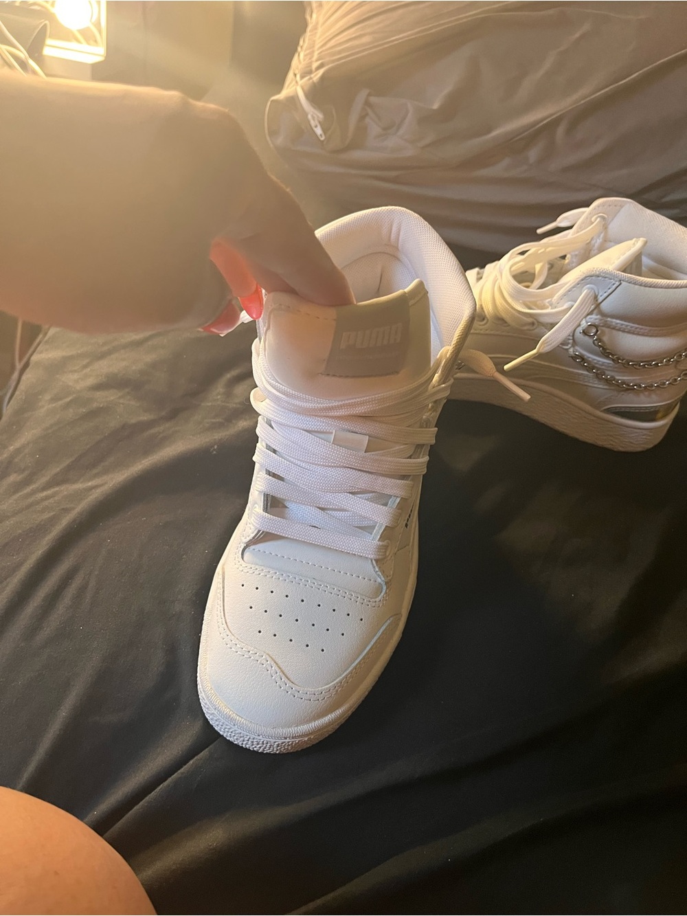 Puma White High-Top Sneakers with Silver Chain Accent